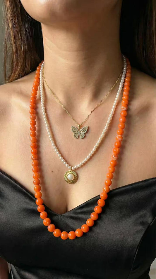 Ivory Pearl & Orange Bead Butterfly Coin Gold Plated Necklace