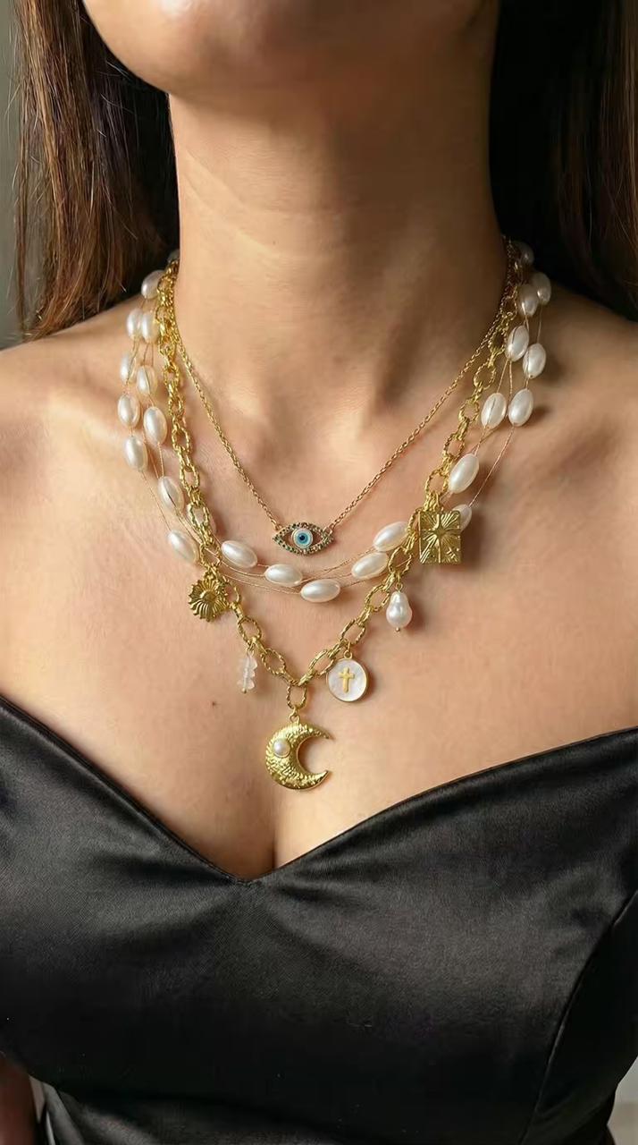 Ivory Pearl Evil Eye Moon Charm Gold Plated Necklace