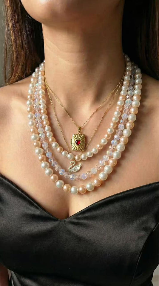 Ivory Pearl Crystal Heart Locket Gold Plated Necklace