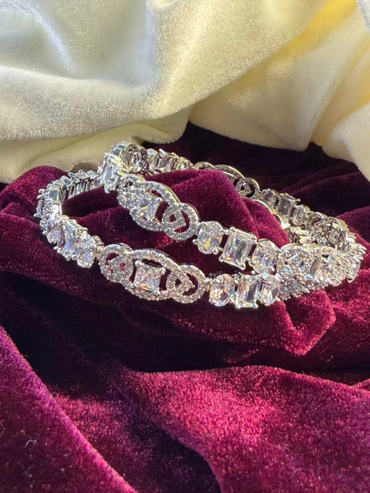 Mixed Cut Crystal Silver Plated Designer Kada Bangles Size 2.8