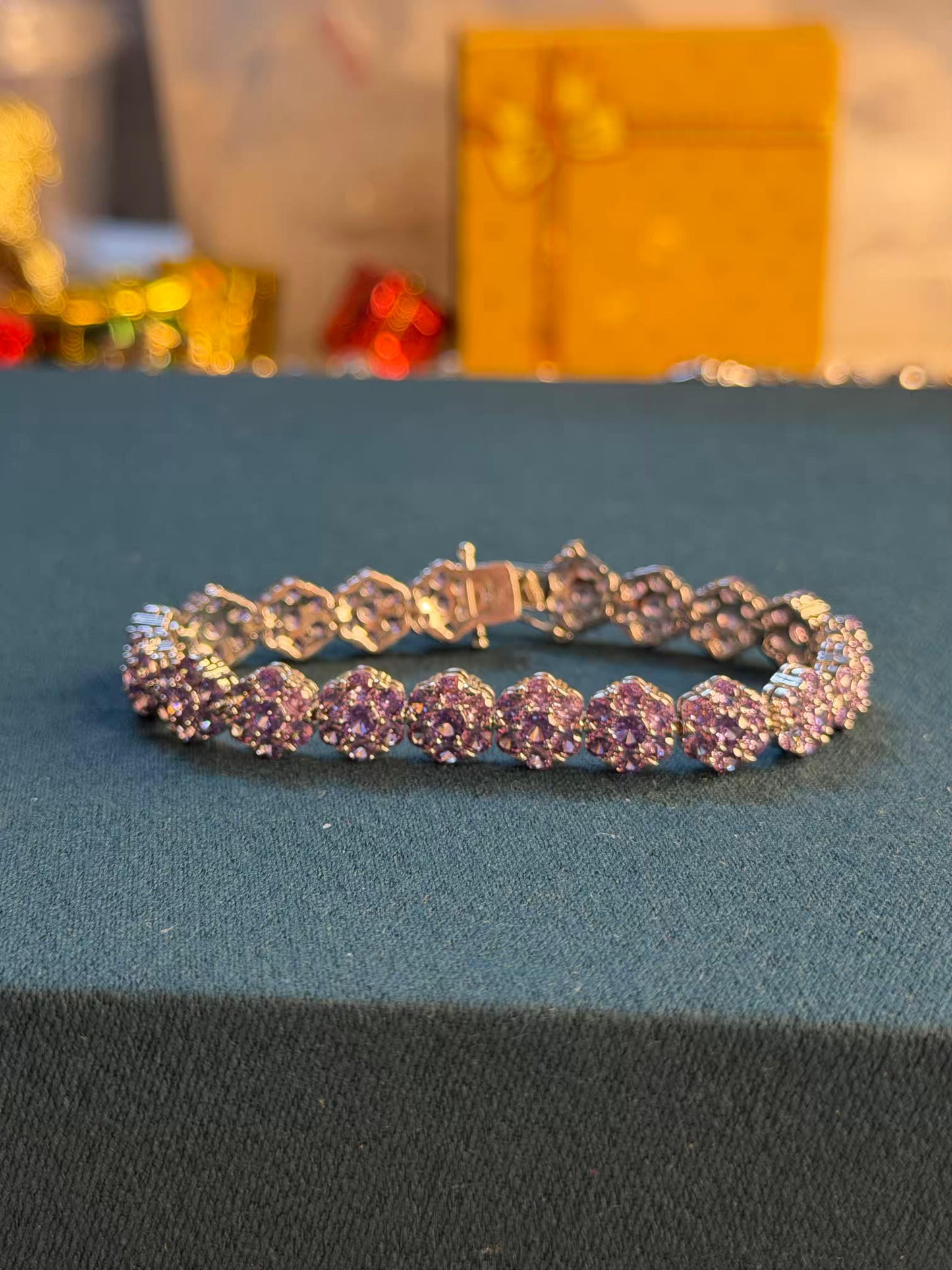 Purple Floral Cluster Silver Plated Tennis Bracelet