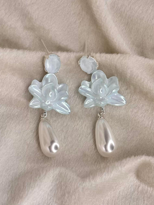 Floral Blue Pearl Dangle Earrings Silver Plated Earrings Premium Earrings