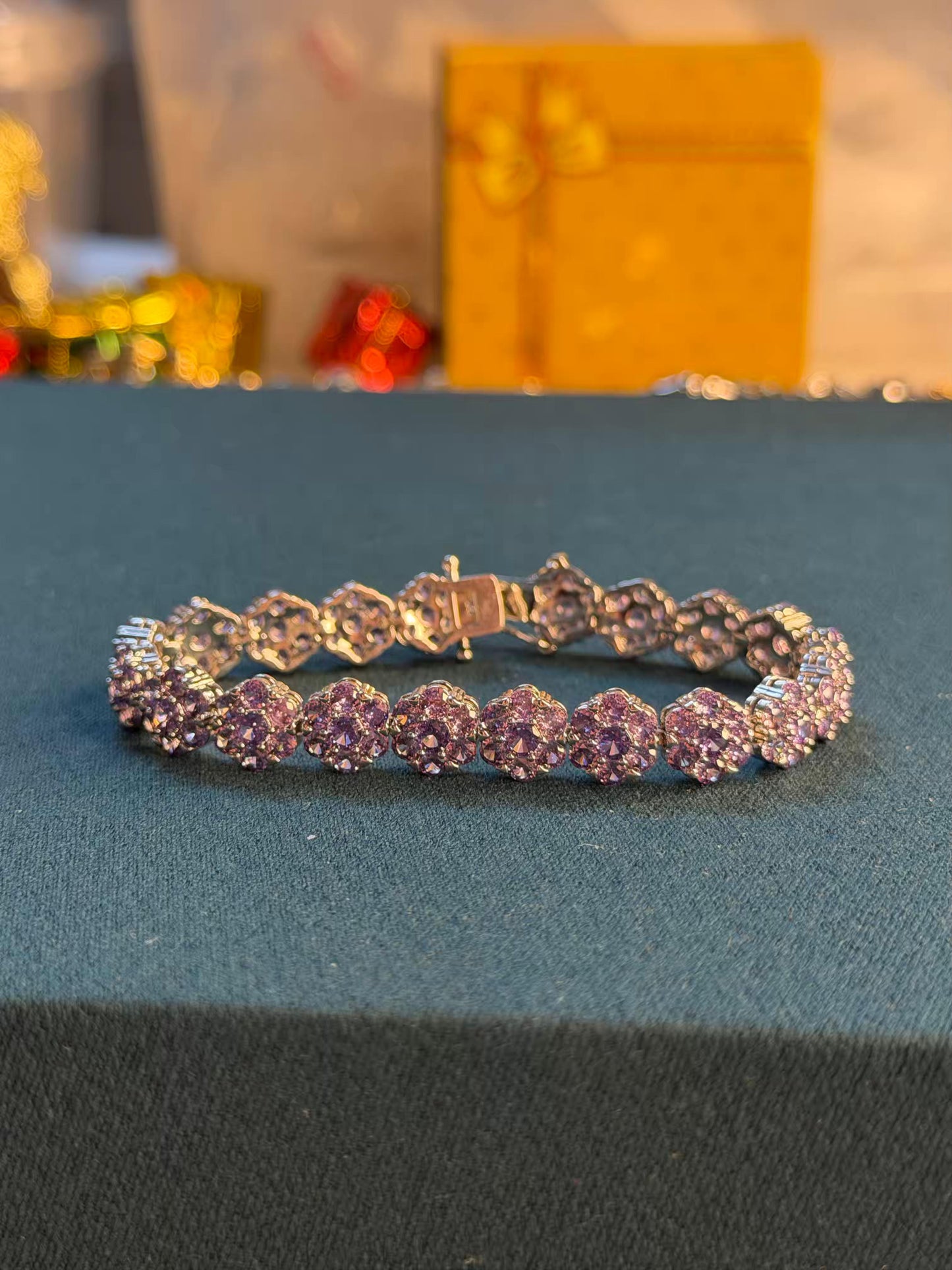 Purple Floral Cluster Silver Plated Tennis Bracelet