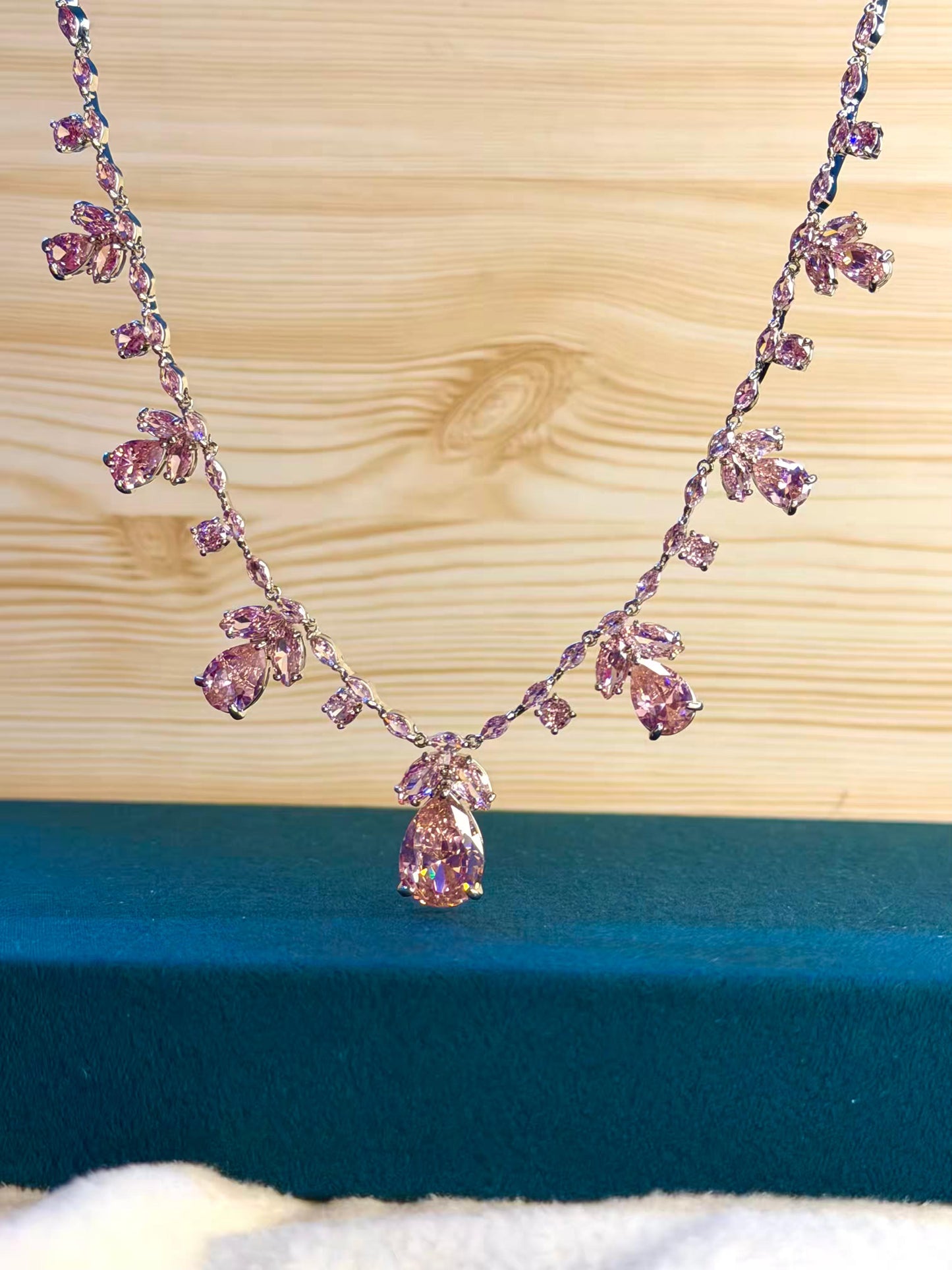 Pink Floral Rhodium Plated Necklace Set with Earrings