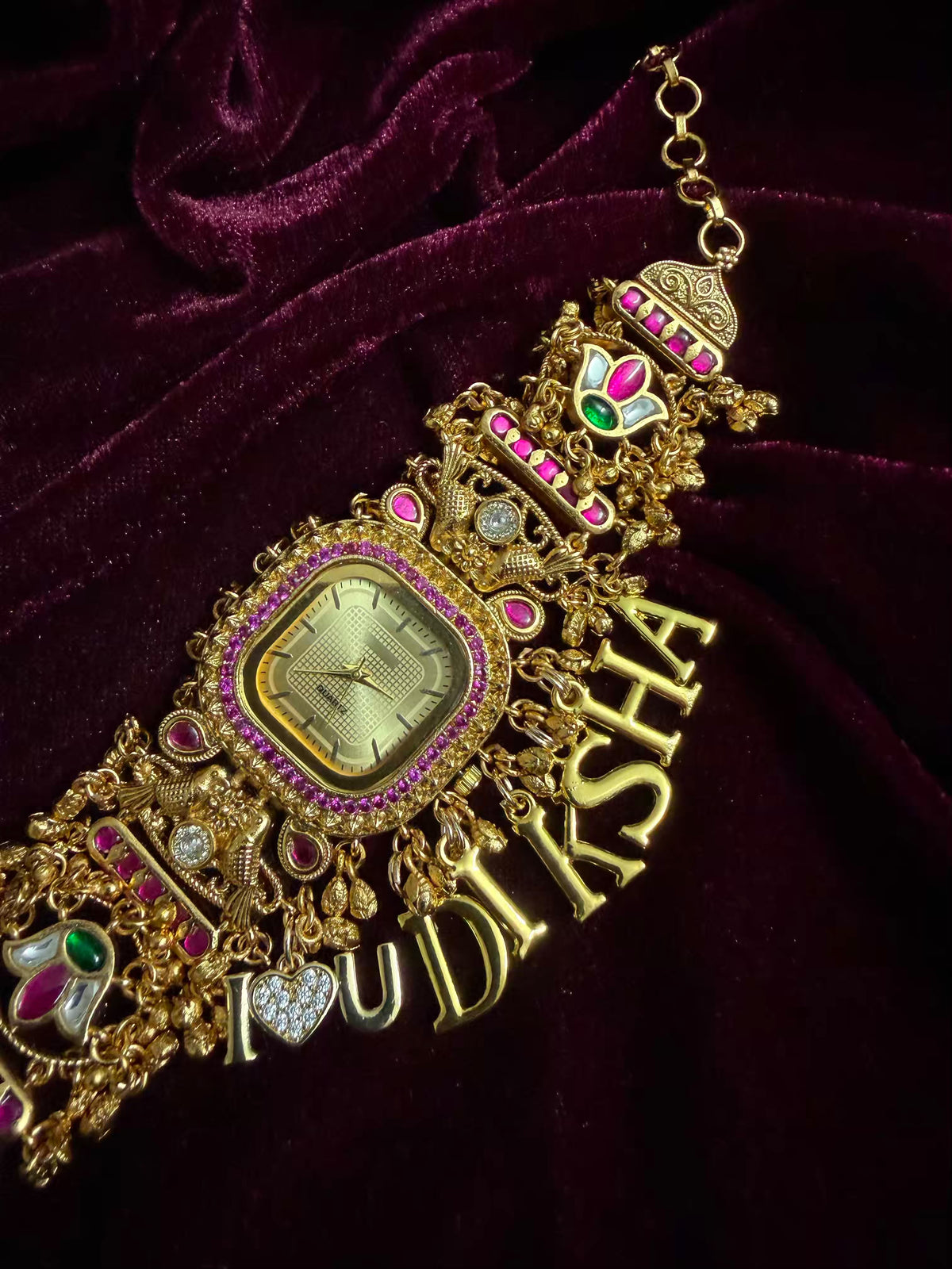 Ruby Pink Stone Gold Square Dial I Love You Charm Maharani Watch Bracelet