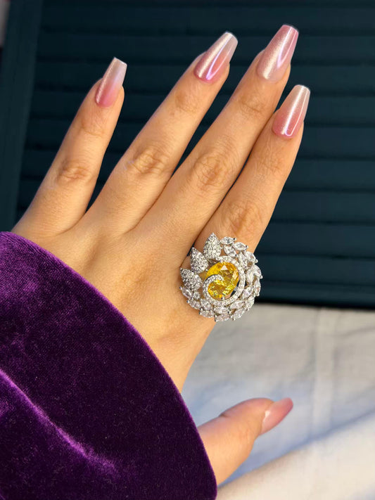 Golden Solara Bloom Silver Plated Premium Ring (Adjustable)