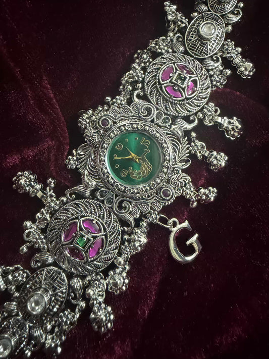 Rajputana Emerald Inspired Silver-Tone Navratri Oxidised Heritage Watch