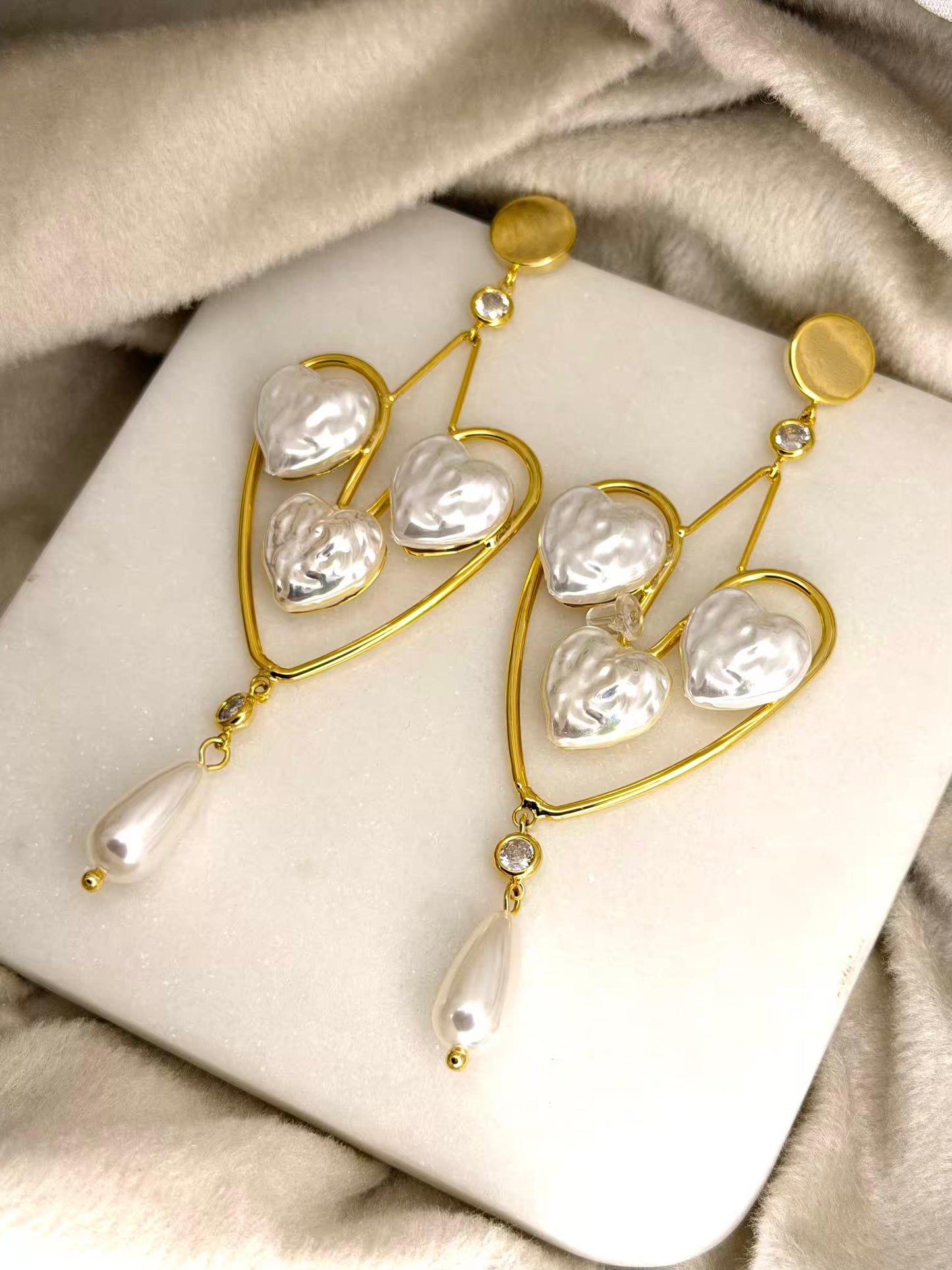 Golden White Heart Shaped Gold Plated Earrings