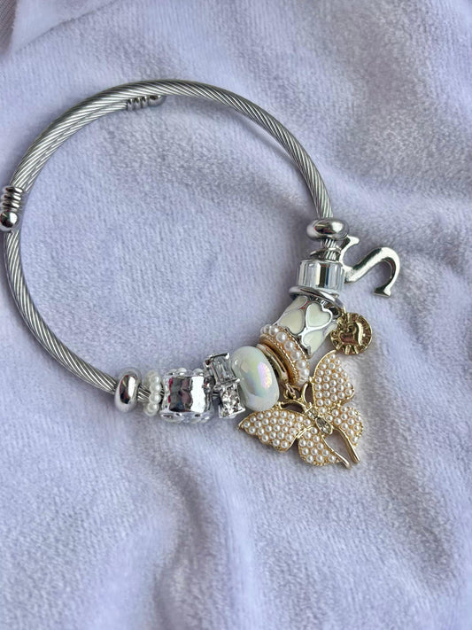 Pandora Charms Beige Butterfly Bracelet With Customised Initial  ( Silver )