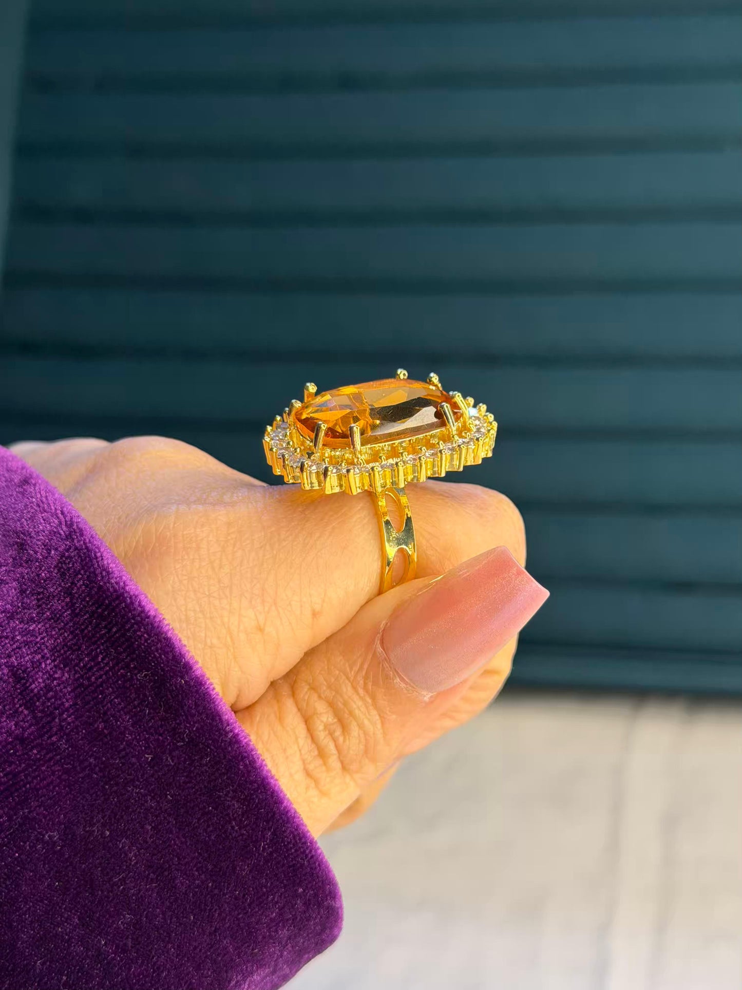 Yellow Big Stone Stetment Gold Plated Premium Ring (Adjustable)