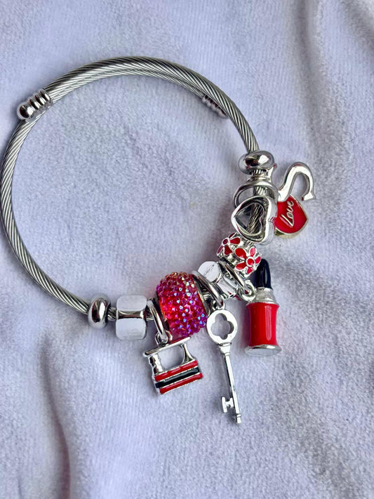 Pandora Charms Red Keys Bracelet With Customised Initial ( Silver )