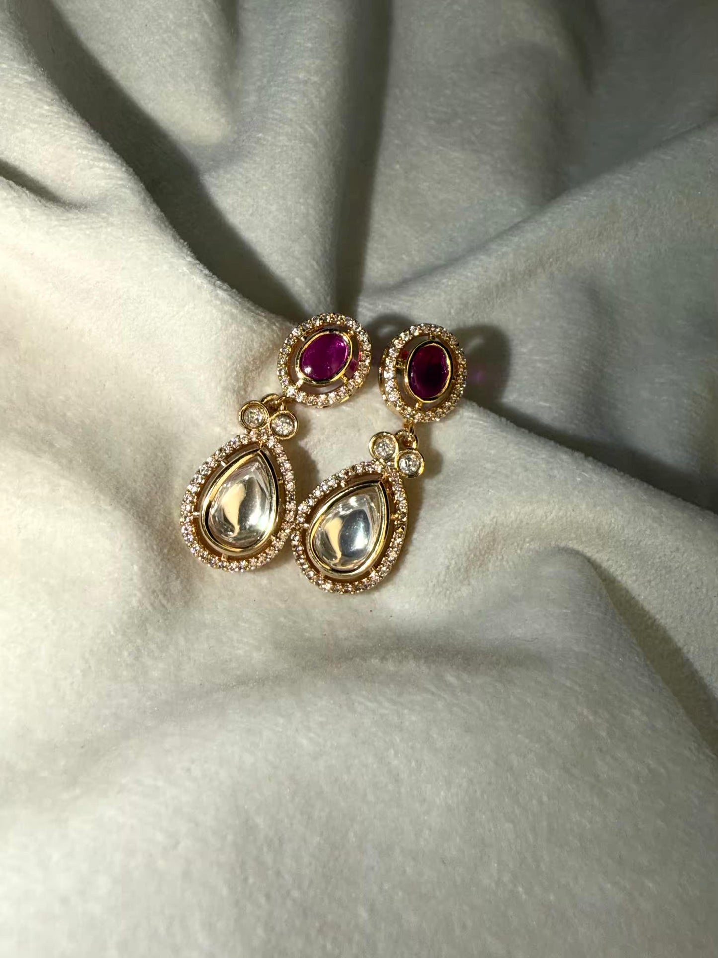 Ruby Pink Kundan Drop Gold Plated Earrings