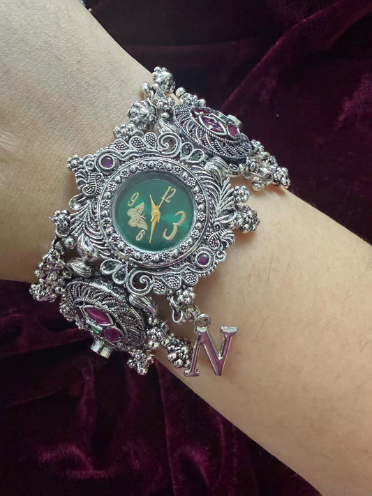 Garnet Silver-Tone Navratri Oxidised Heritage Watch