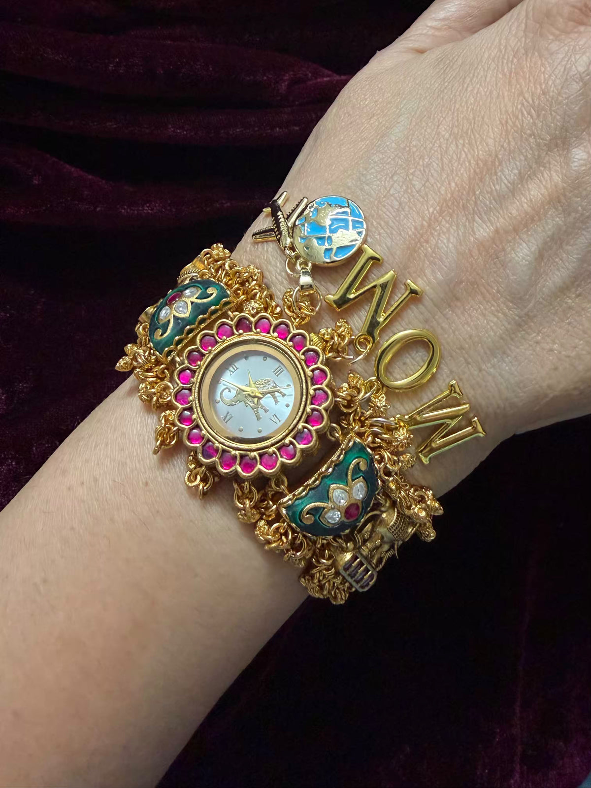 I Love You Mom White Dial Pink Stone Elephant Charm Emerald Green Heritage Maharani Watch Bracelet