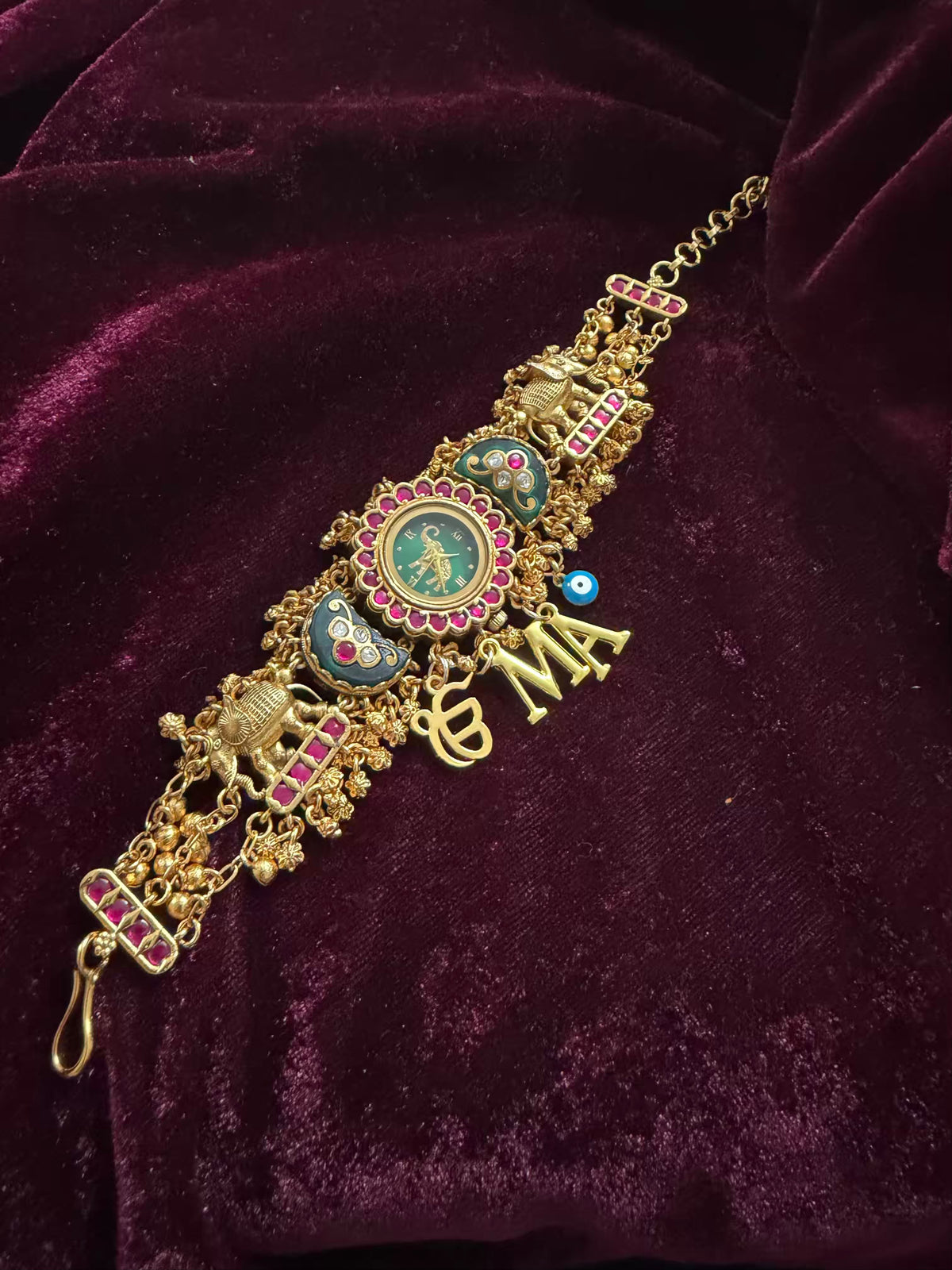 Emerald Green Ruby Halo Round Dial Evil Eye Charm Heritage Maharani Watch Bracelet