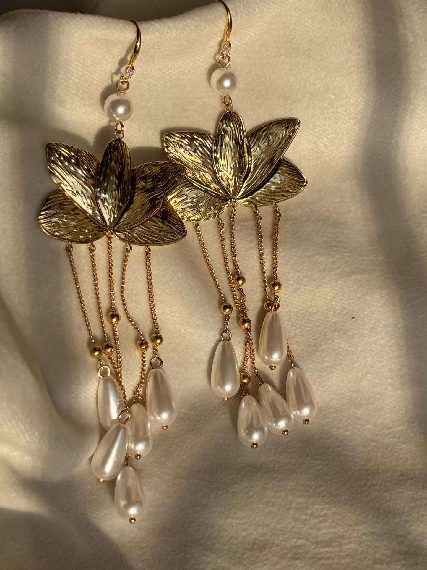 Lotus Pearl Dangles Studds Earrings 18K Gold Plated Premium Earrings
