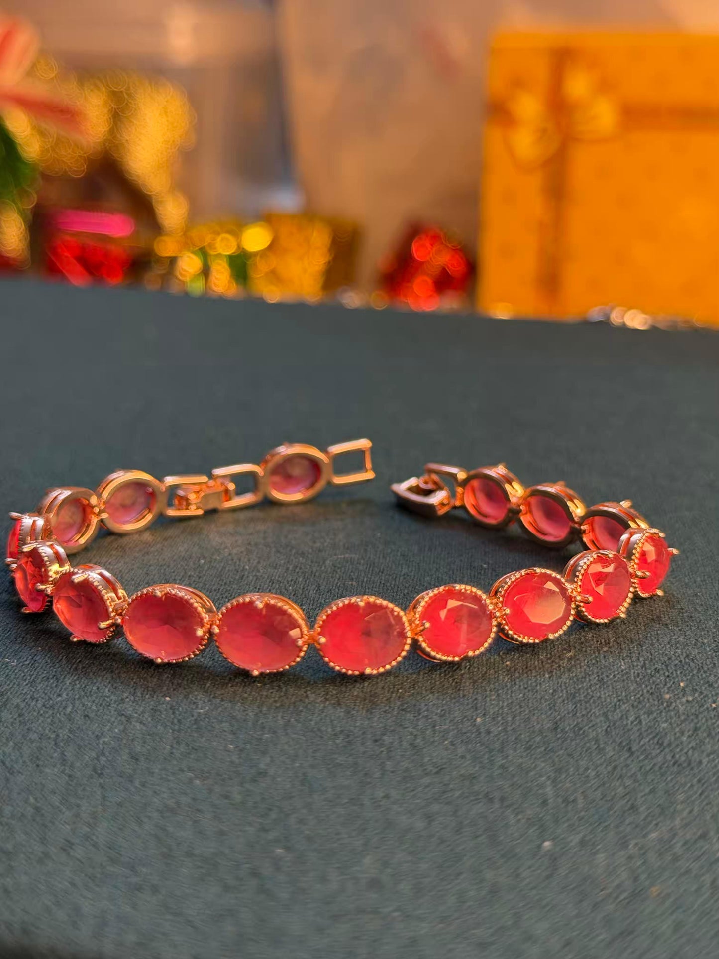 Ruby Red Oval Gold Plated Tennis Bracelet
