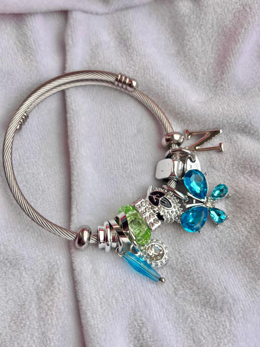 Pandora Charms Blue Bracelet With Customised Initial ( Silver )