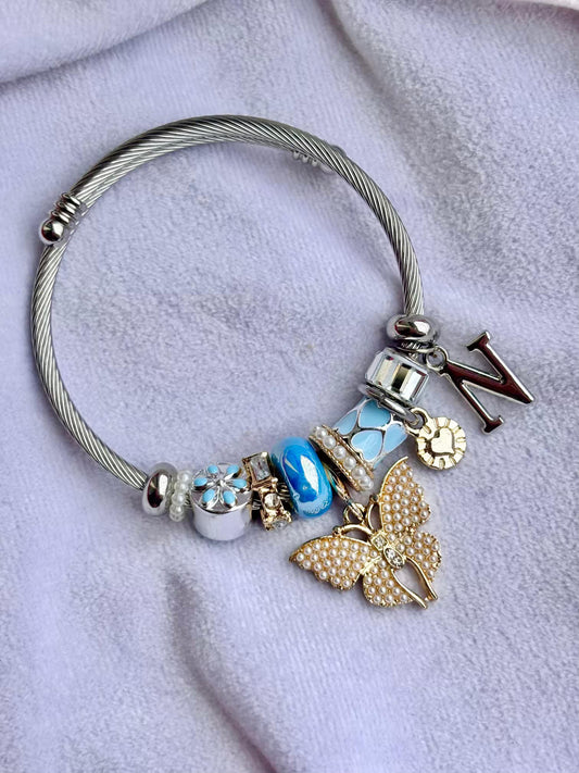 Pandora Charms Butterfly Bracelet With Customised Initial  ( Silver )