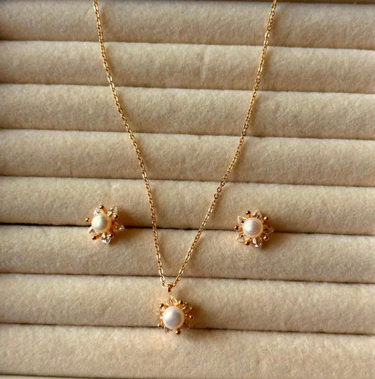 Pearl Studded Necklace And Ear Studds Rose Gold Plated Premium Necklace