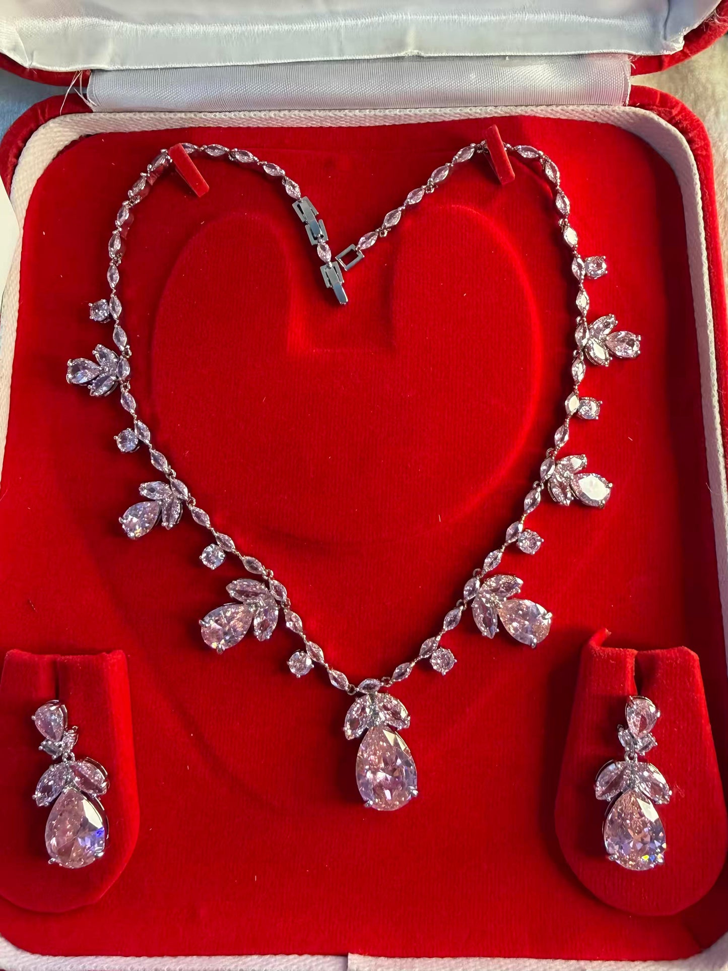 Pink Floral Rhodium Plated Necklace Set with Earrings