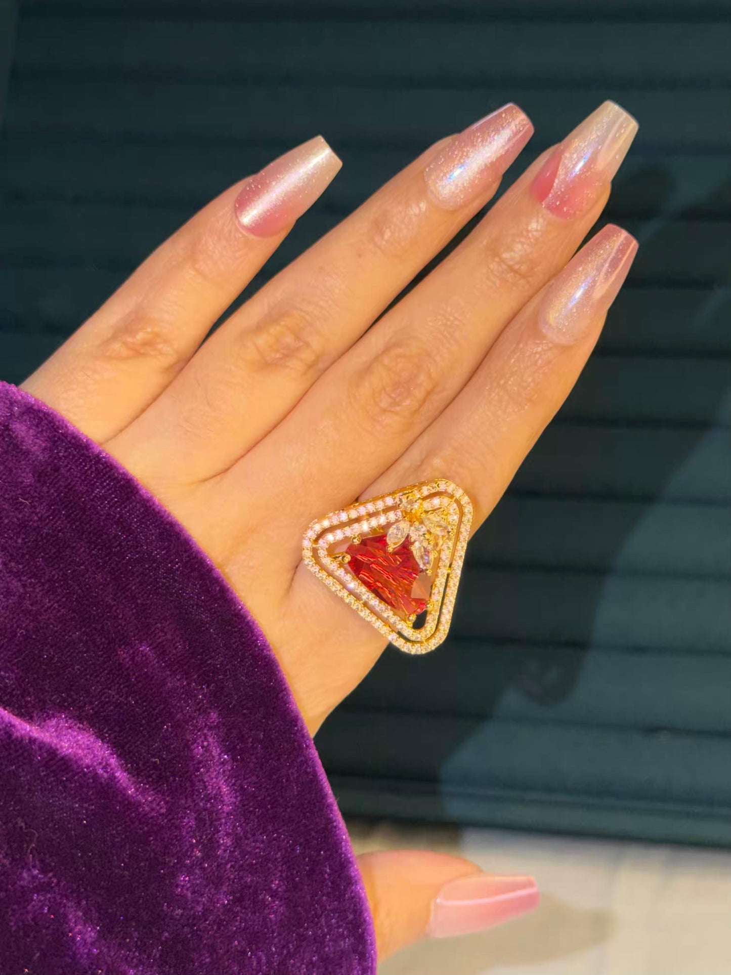 Red Triangle Stone Gold Plated Premium Ring (Adjustable)