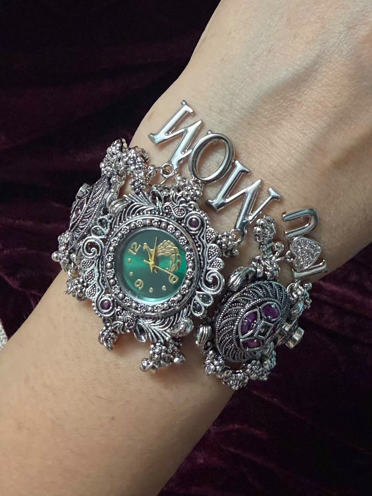 I Love You Mom Emerald Greqen Round Dial Silver Oxidised Peacock Charm Maharani Watch Bracelet