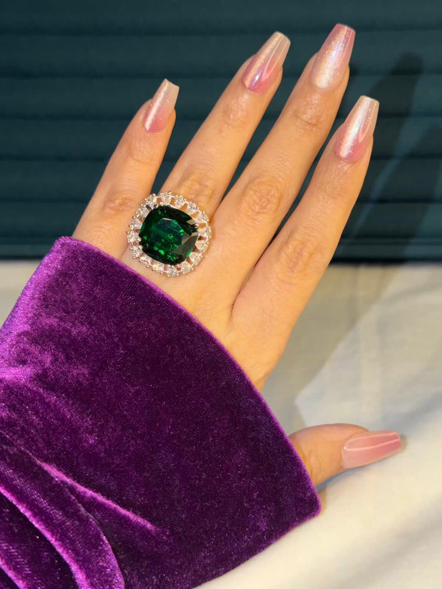 Emerald Green Square Diamond Silver Plated Premium Ring (Adjustable)