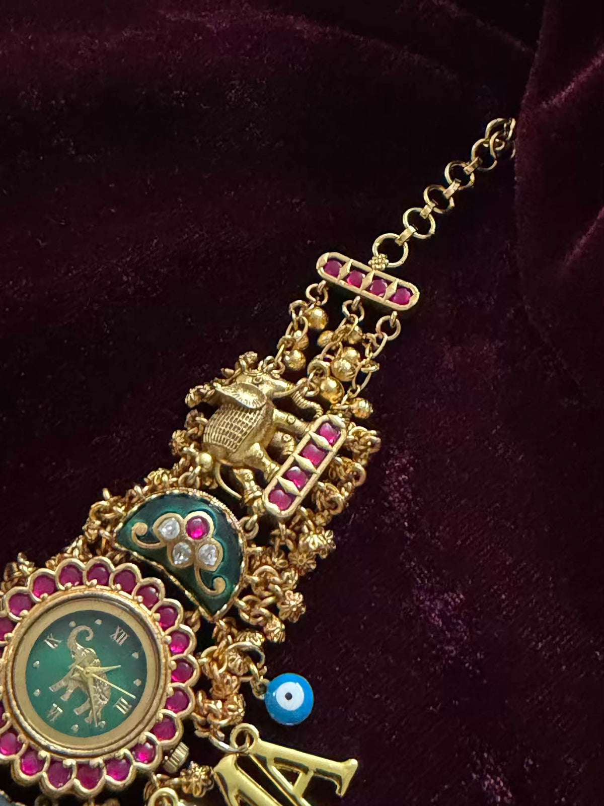 Emerald Green Ruby Halo Round Dial Evil Eye Charm Heritage Maharani Watch Bracelet