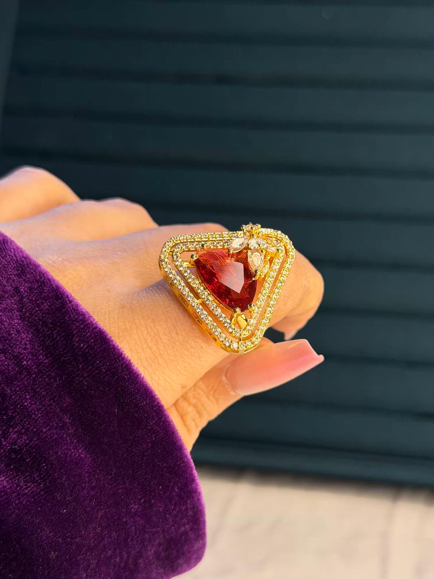 Red Triangle Stone Gold Plated Premium Ring (Adjustable)