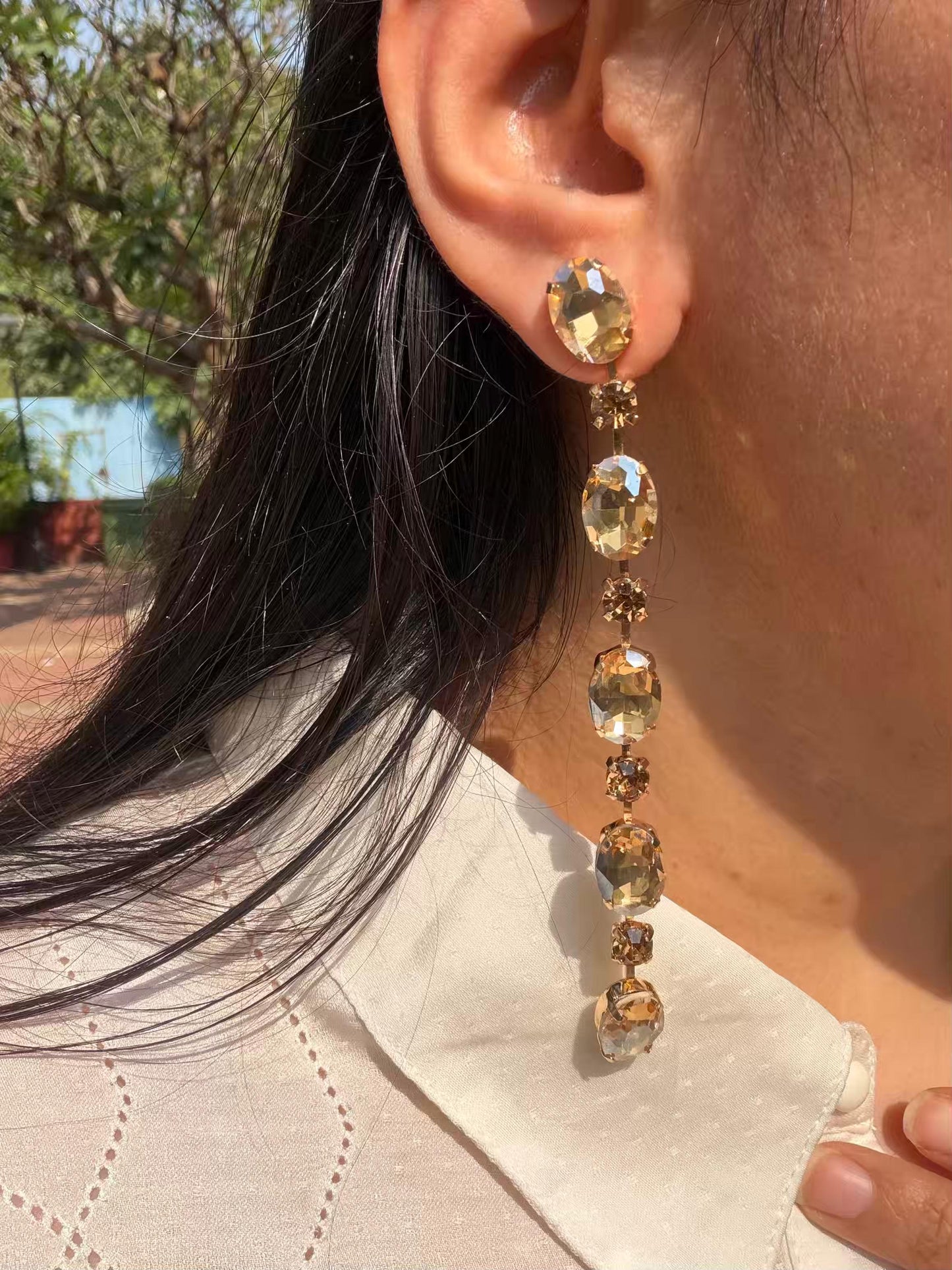 Golden Colour Stones Long Gold Plated Earrings