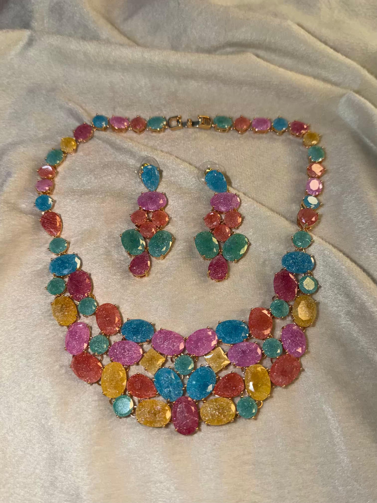 Premium Milky Stones In Rhodium Gold Premium Luxury Plating Necklace Set With Earrings