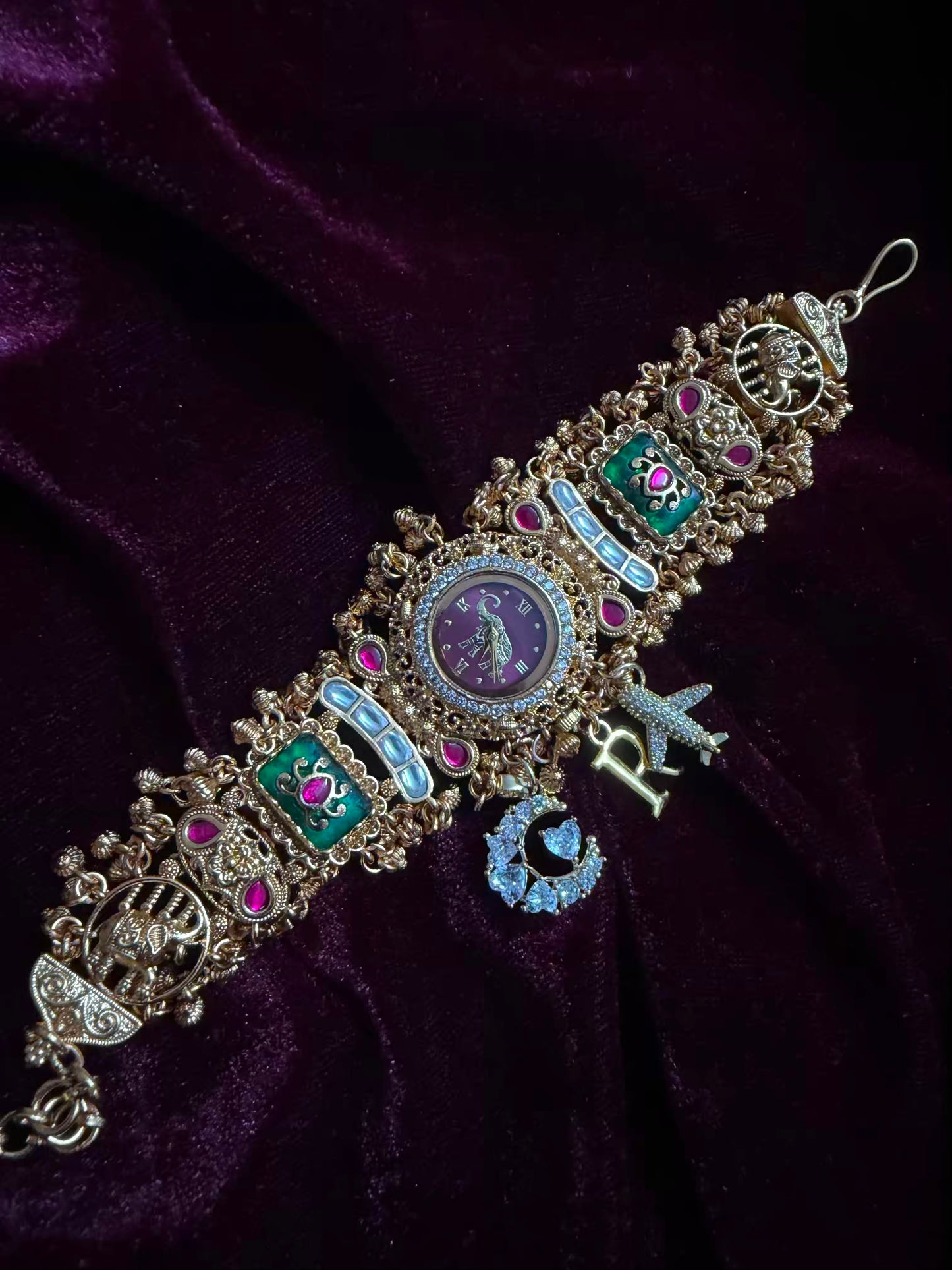 Moon Airplane Heritage Meenakari Watch Rakhi in Premium Swarovski (Free Initial)