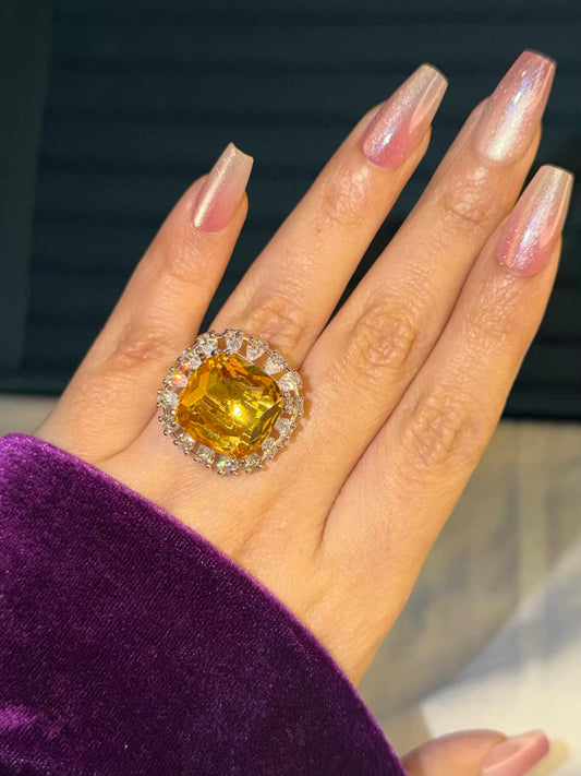 Golden Square Big Statement Silver Plated Premium Ring (Adjustable)