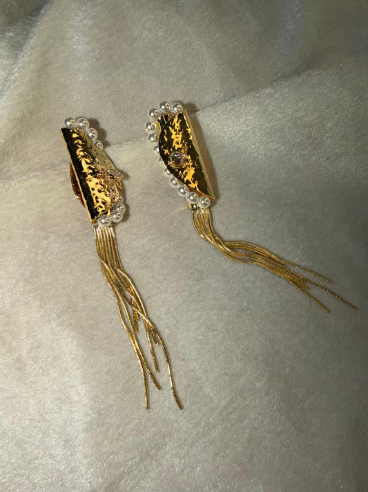 Gold Pearl Tassel Statement Gold Plated Earrings