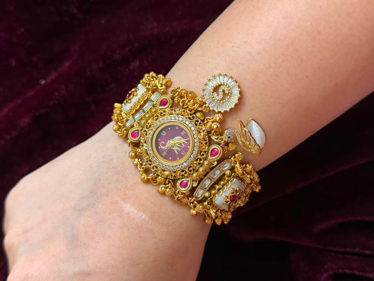 Swan S Burgundy Elephant Heritage Watch Rakhi in Premium Swarovski (Free Initial)
