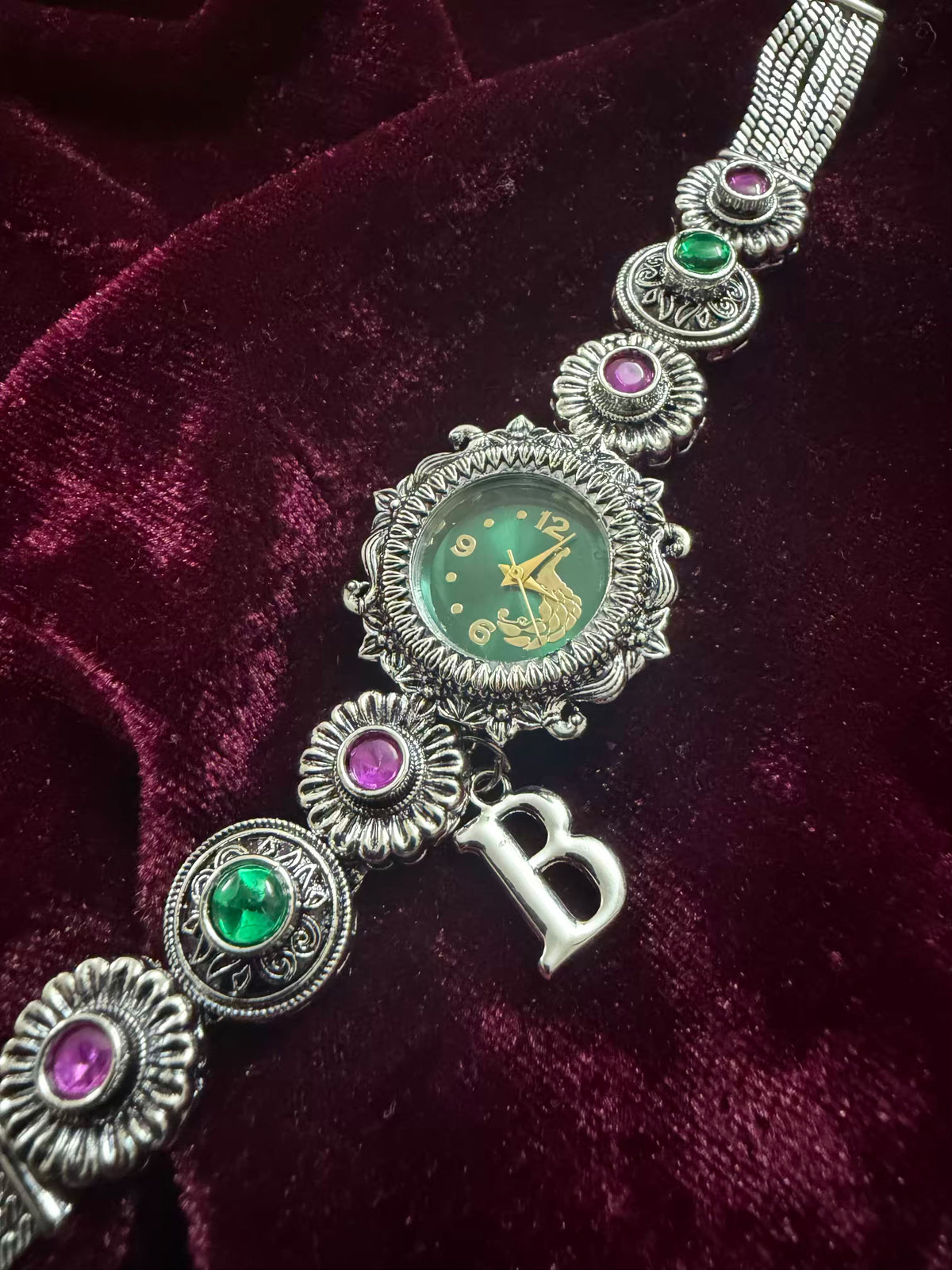 Maharani Green & Pink Elegance Silver-Tone Navratri Oxidised Heritage Watch