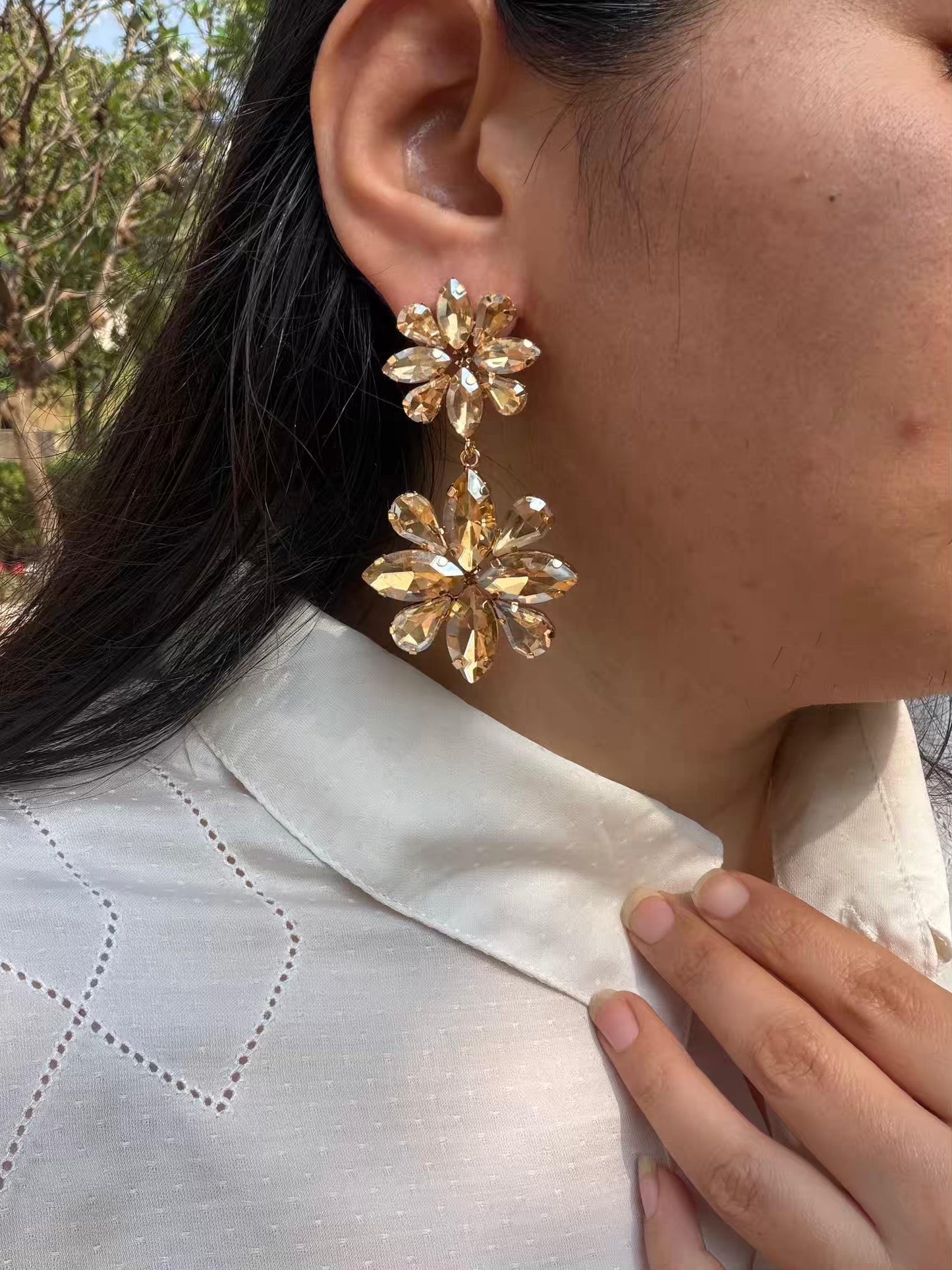 Double Flower Colour Long Gold Plated Earrings