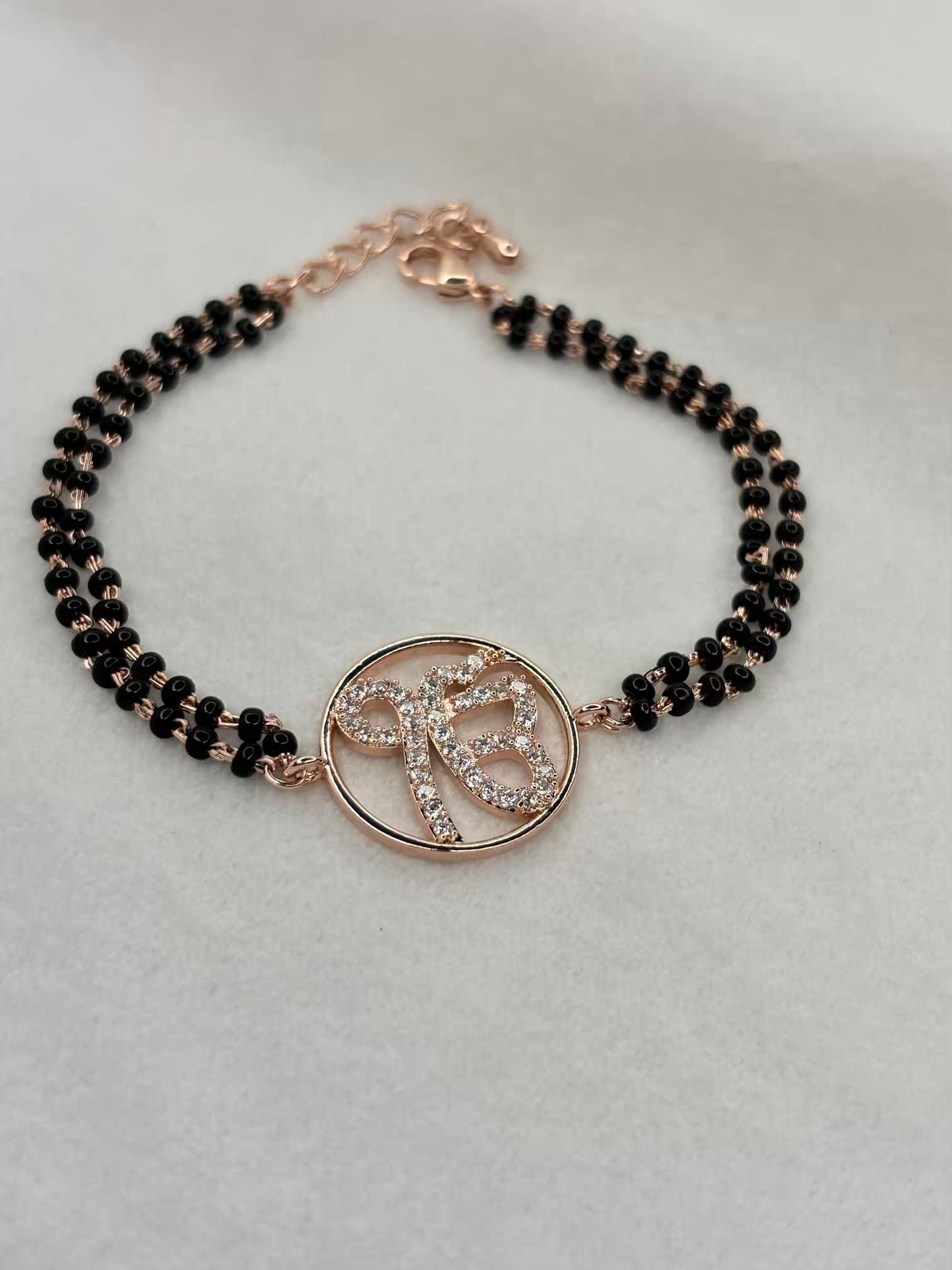 Ik Onkar Ek Onkar Punjabi Khanda  Rose Gold Black Beaded Bracelet Mangalsutra / Nazariya Bracelet ( Rose Gold Plated)