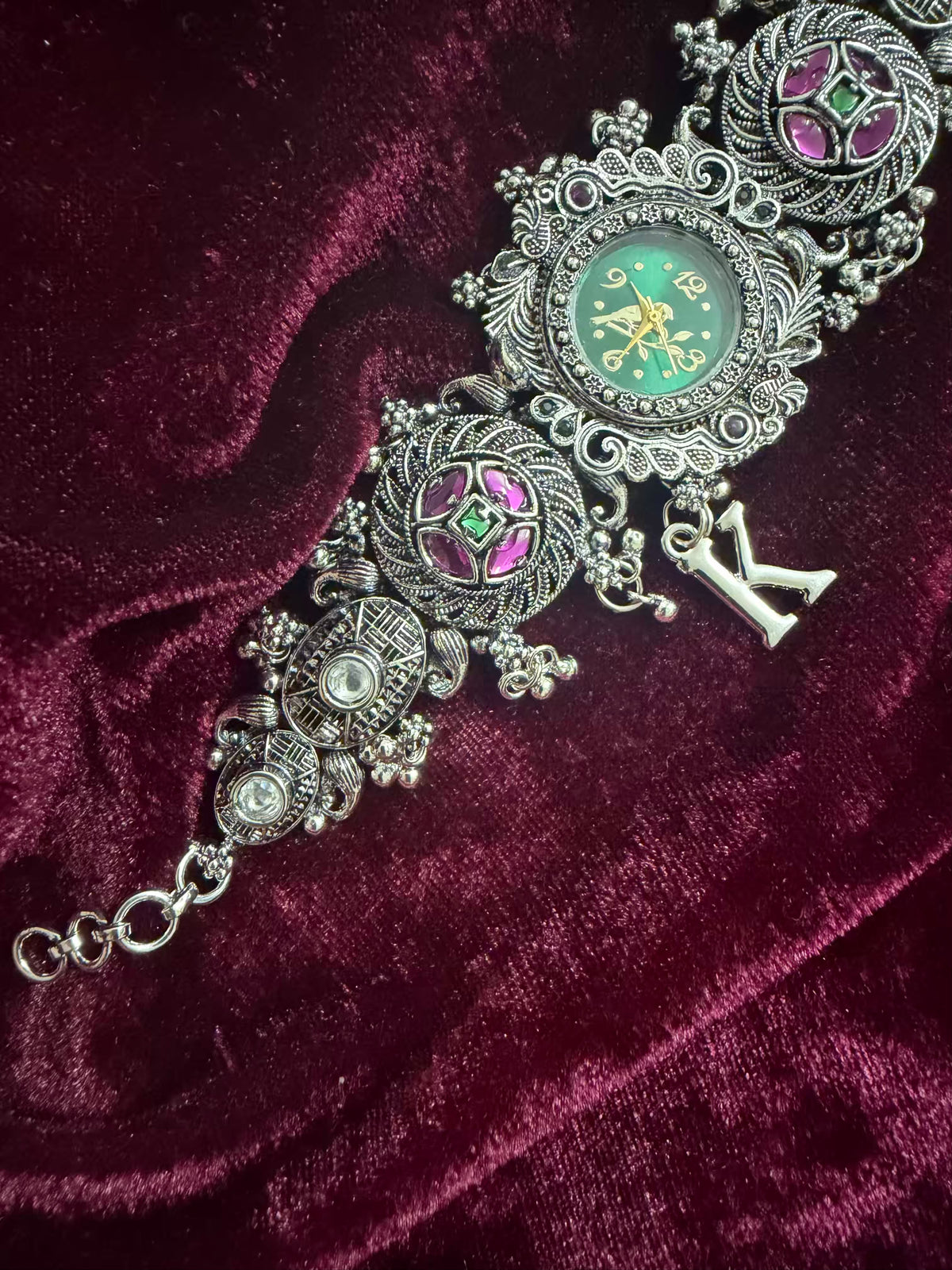 Rajasthani Emerald Royalty Silver-Tone Navratri Oxidised Heritage Watch