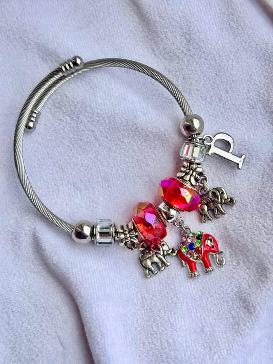Pandora Charms Purple Red Bracelet With Customised Initial ( Silver )