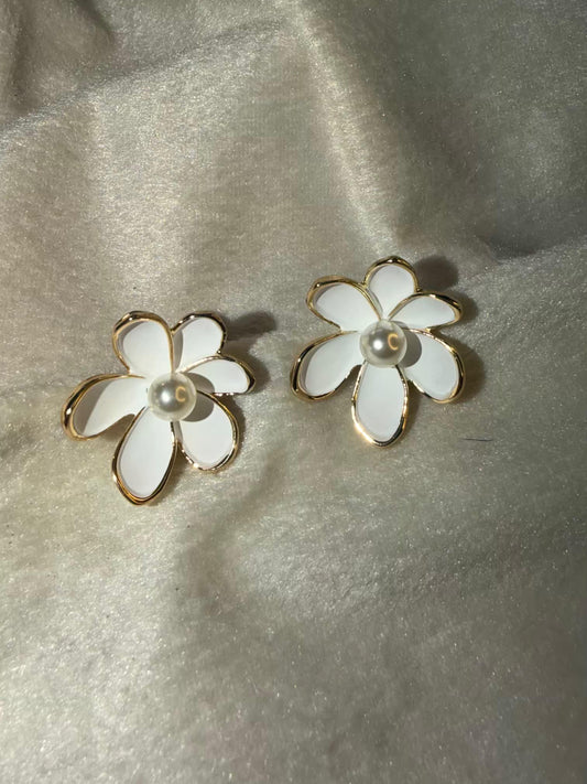 White Pearl Flower Studs Gold Plated Earrings