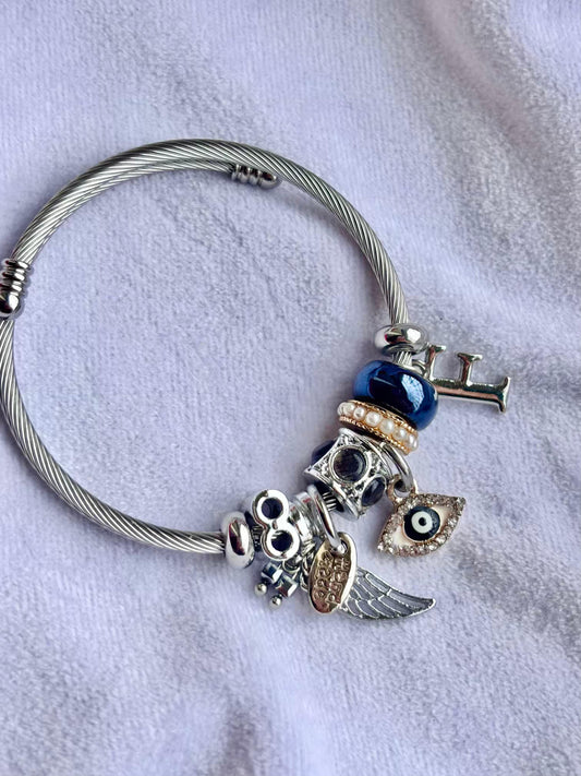Pandora Charms Thick Blue Bracelet With Customised Initial ( Silver )