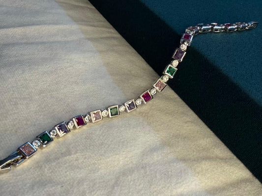 Multicolour Cushion Halo Silver Plated Tennis Bracelet