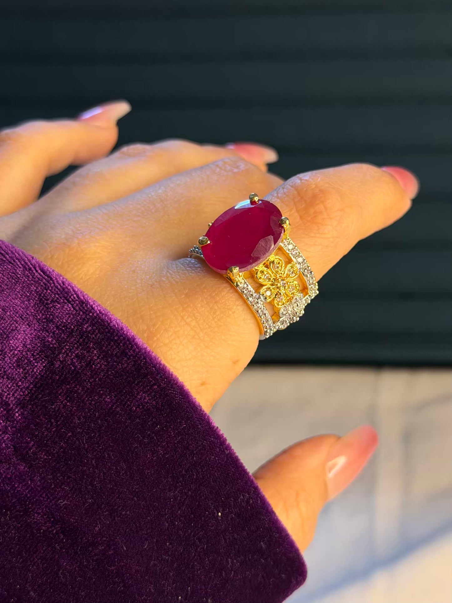 Ruby Opulence Dual Tone Gold and Silver Plated Size 7 Us Ring