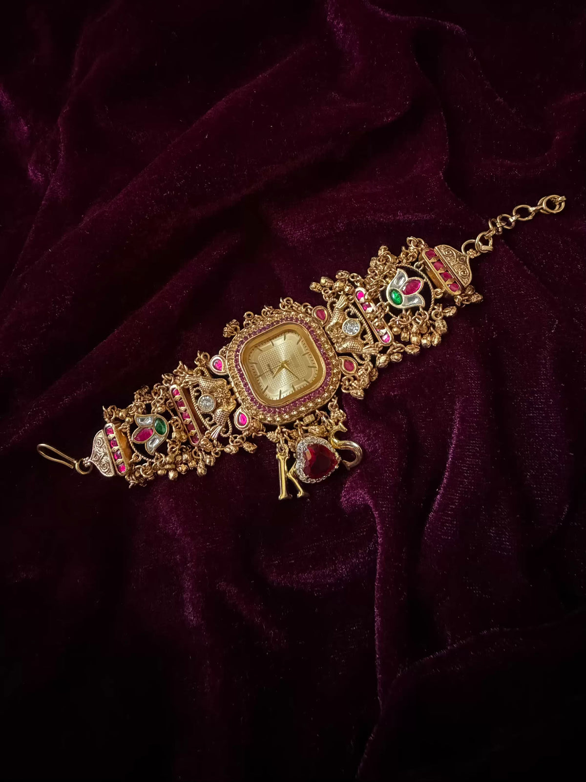 Ruby Heart Charm Golden Square Dial Maharani Watch Bracelet