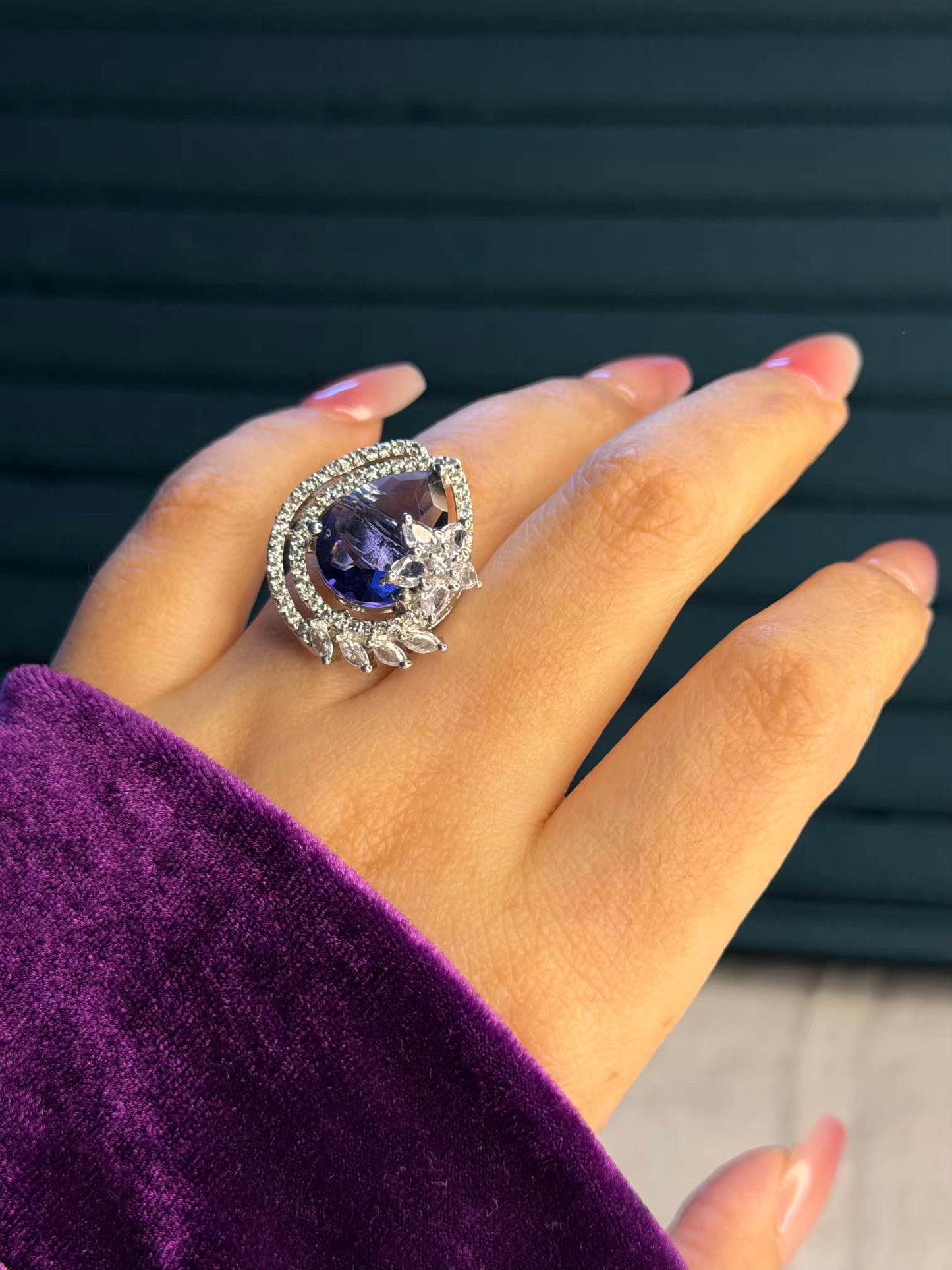 Purple Crystal Floral Silver Plated Premium Ring (Adjustable)