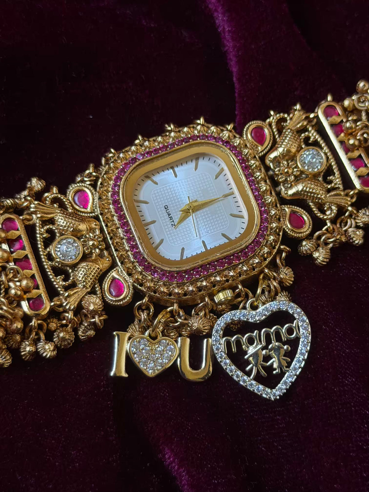 I  Love You Maharani Square Dial Heritage Watch Bracelet in Premium Swarovski – Gold & Ruby Pink