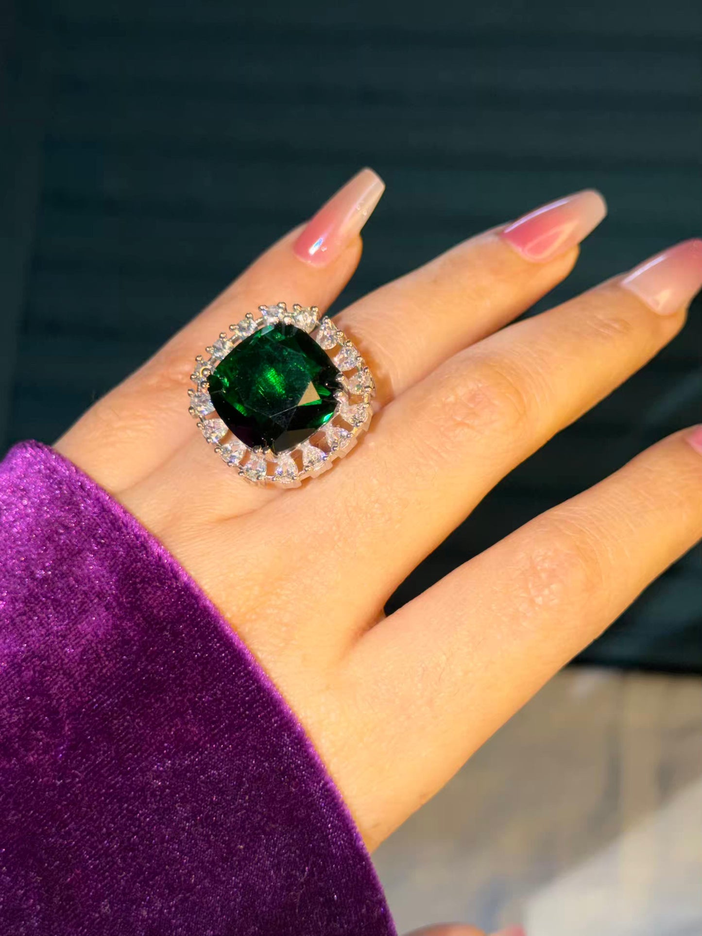 Emerald Statement Big Silver Plated Premium Ring (Adjustable)