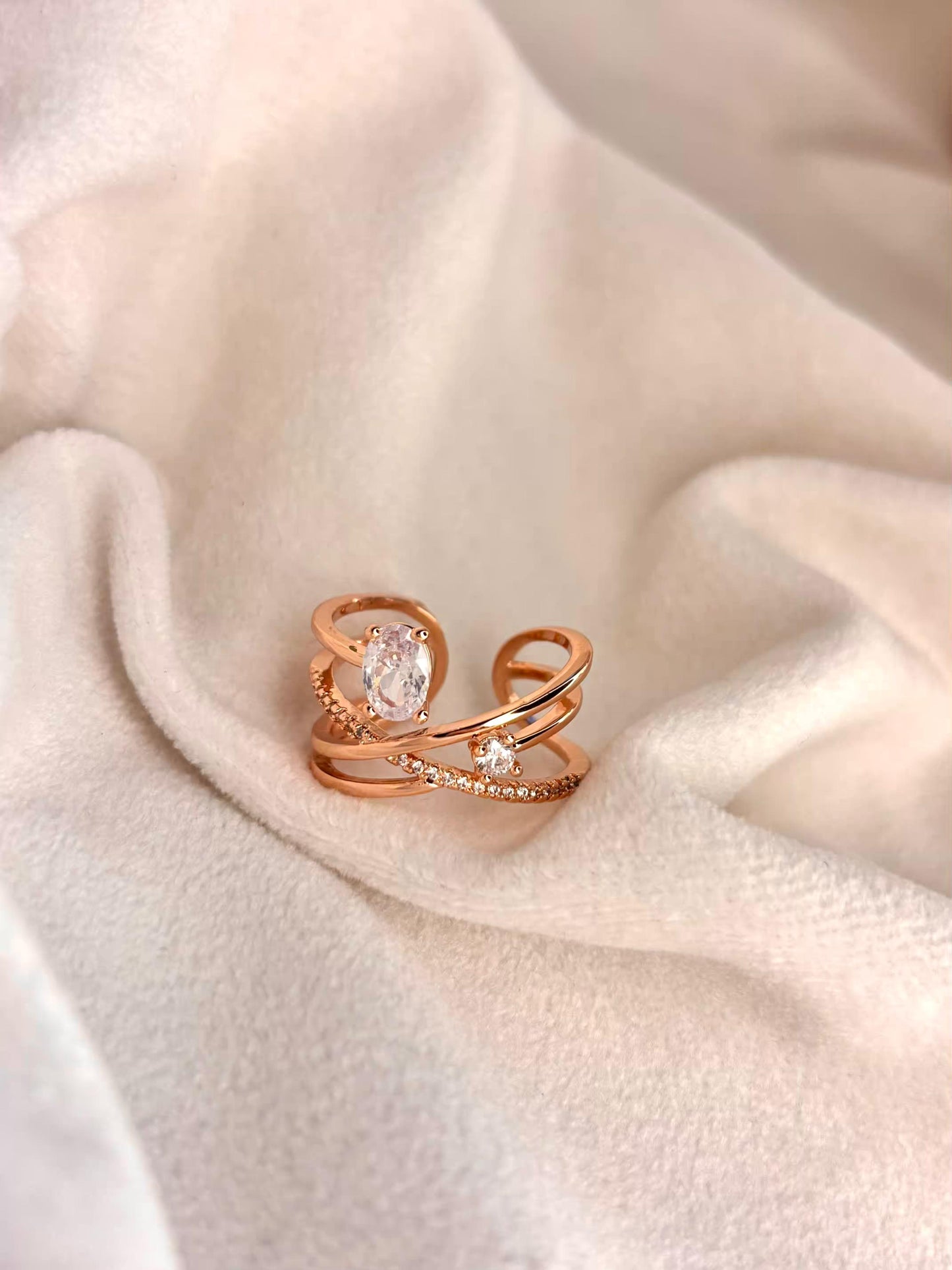 Twisted studded Rose Gold Plated Adjustable Ring